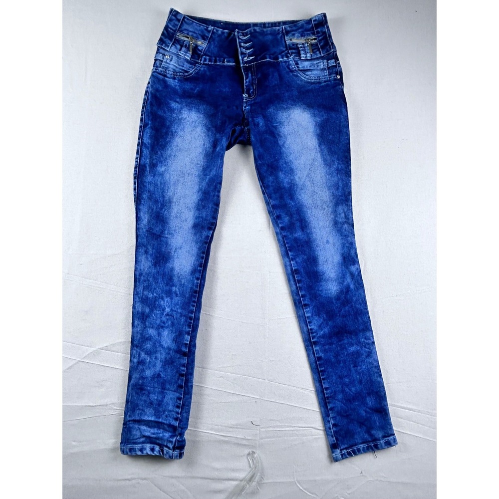 M. Michel Push Up High Waisted Blue Wash Skinny Jeans Size 15 Rhinestone Button